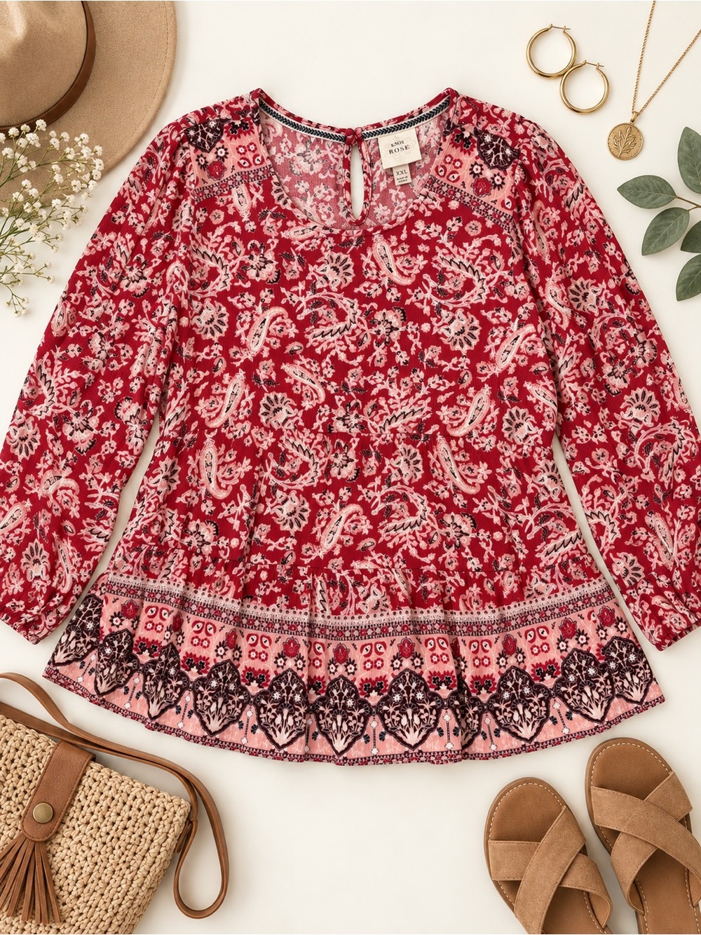 Knox Rose Paisley Border Print Blouse XXL Red Pink Boho Long Sleeve